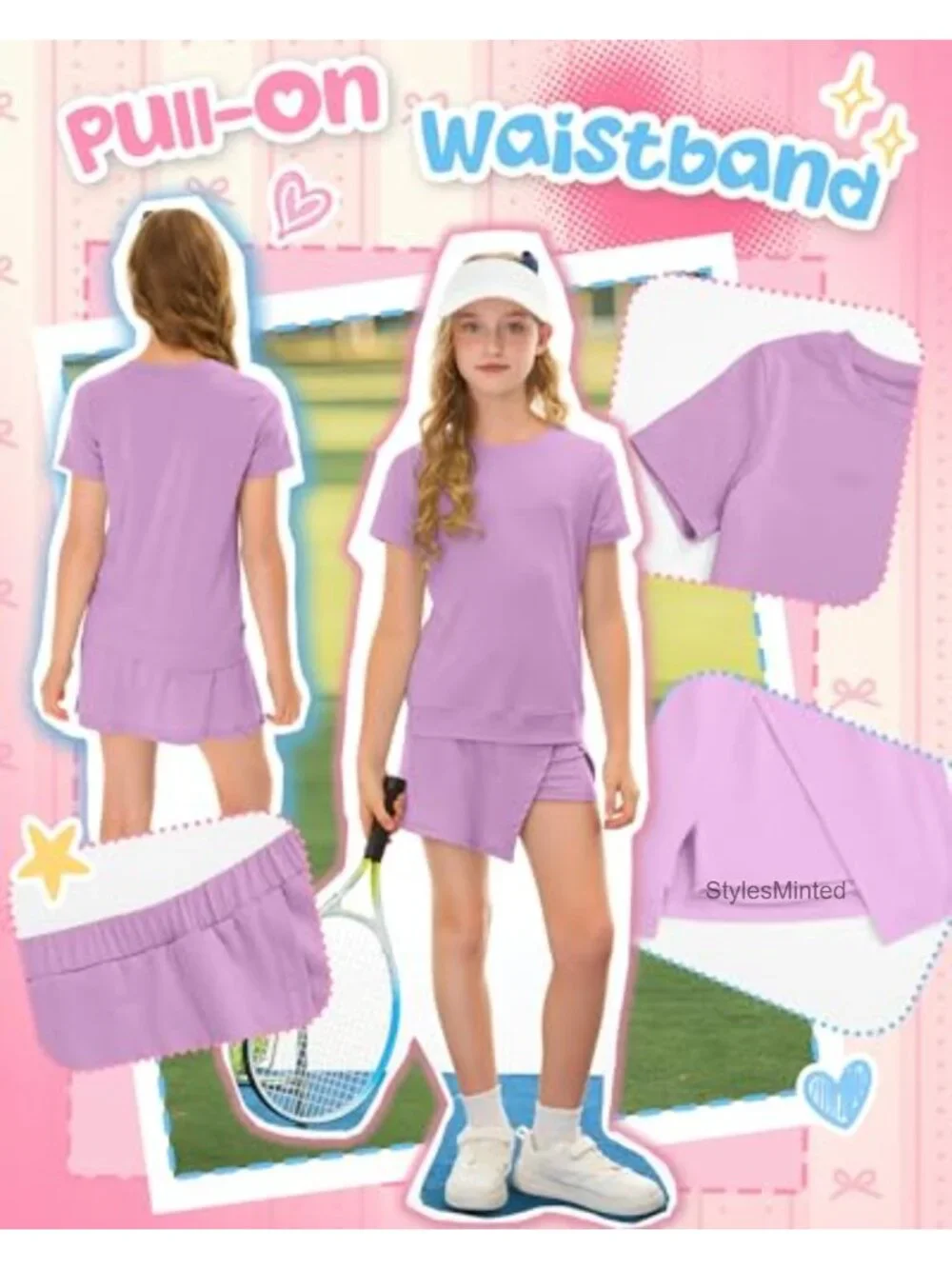 Girls 2 Piece Summer Skirt Set, Short Sleeve Top, Side Slit Skirt, Athletic